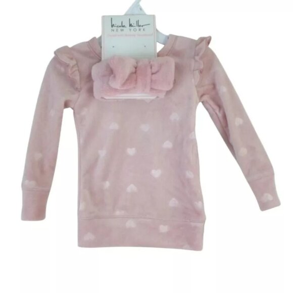 Nicole Miller Pajama Top w Headband Toddler Girls 2T Pink Velour Hearts - Picture 1 of 4